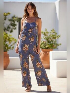 American Eagle Small Floral Wide-Leg Jumpsuit in Blue